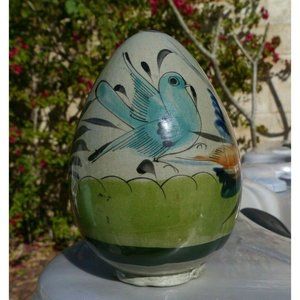 Vintage Tonala Hand painted Birds, Mexico Decorative Folk Art Pottery Egg Flower